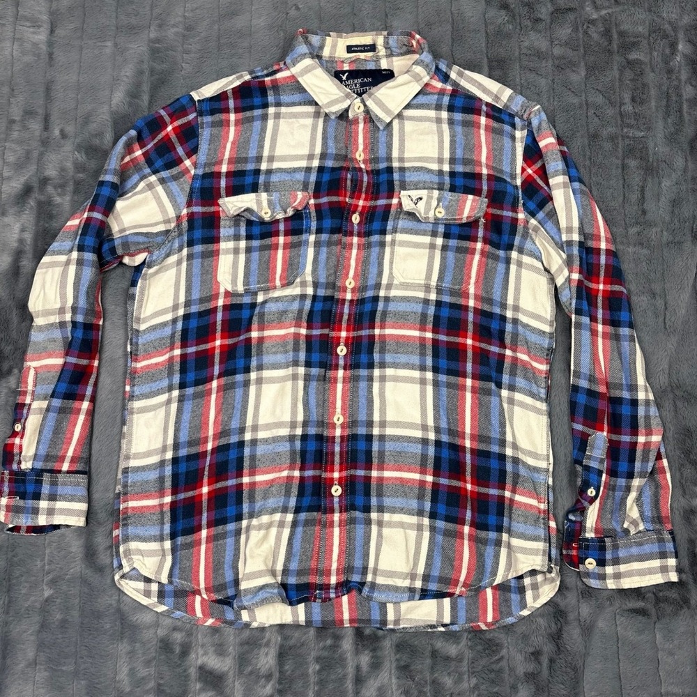 American Eagle Men XL Flannel Shirt Athletic Fit Plaid Red White Blue 8030